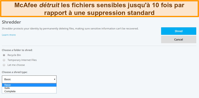 Capture d'écran de la fonction McAfee Shredder