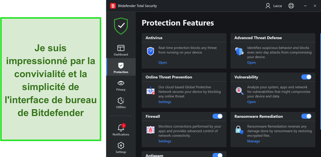 Interface de bureau de Bitdefender