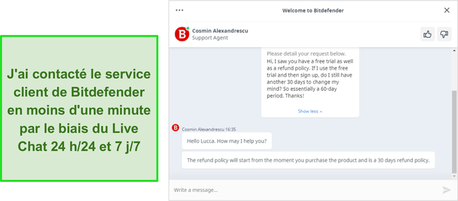 Capture d'écran d'une conversation de chat en direct avec un agent du support Bitdefender.