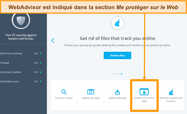 Capture d'écran mettant en évidence la fonctionnalité WebAdvisor de McAfee étiquetée comme