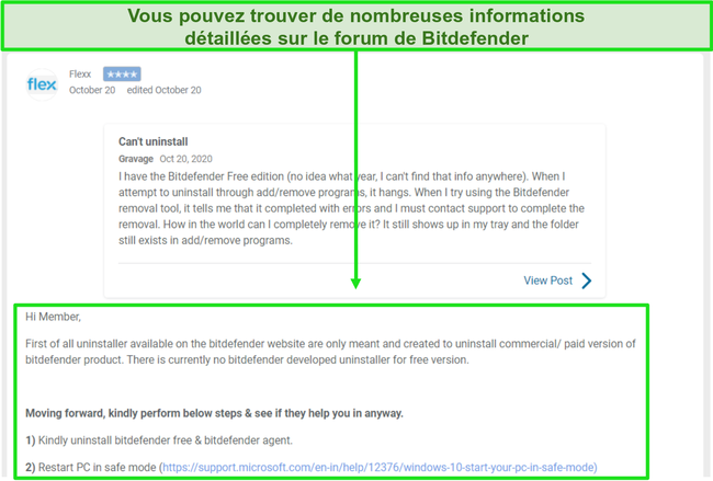 Capture d'écran d'un fil du forum de la communauté Bitdefender.