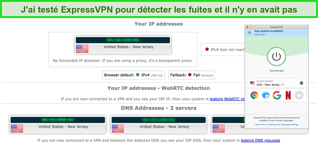 Capture d’écran d’ExpressVPN réussissant un test de fuite IP, WebRTC et DNS lorsqu’il est connecté à un serveur aux États-Unis