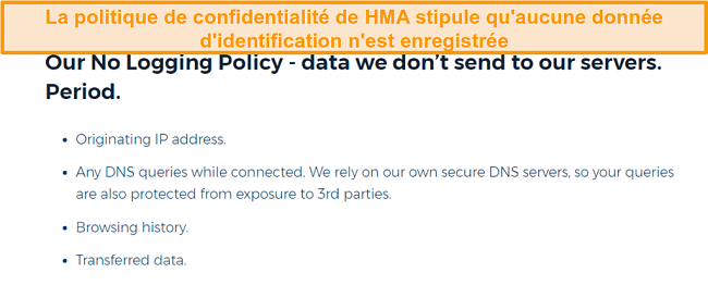 Capture d’écran de HMA VPN (Hidemyass) et sa politique de confidentialité sans journalisation