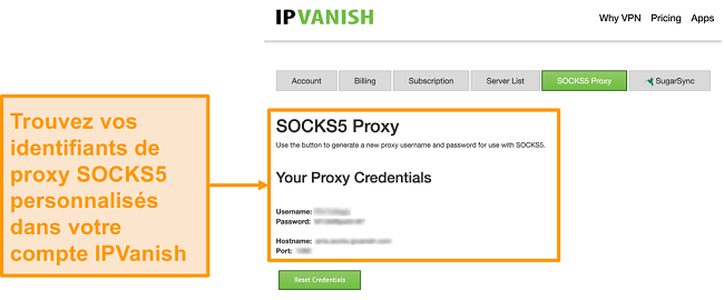 Capture d’écran des informations d’identification gratuites du serveur proxy SOCKS5 d’IPVanish sur le site Web