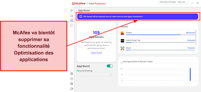 Capture d'écran montrant que la fonctionnalité App Boost de McAfee sera bientôt supprimée
