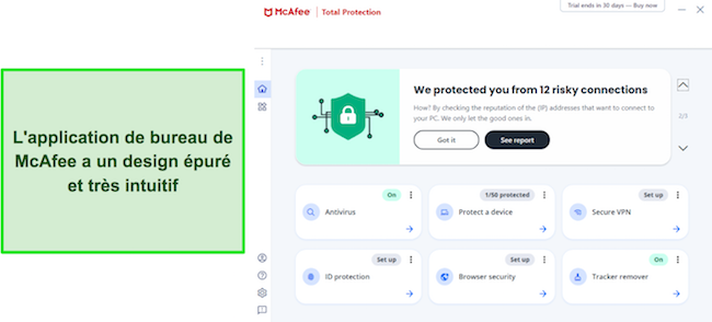 Capture d'écran de l'interface de bureau de McAfee