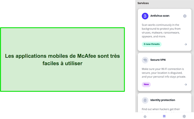 Capture d'écran de l'interface mobile de McAfee
