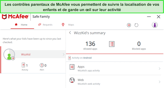 Capture d'écran montrant les contrôles parentaux de McAfee