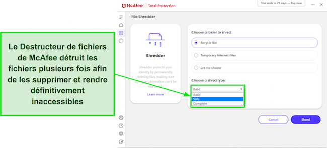 Mcafee antivirus examine les options de destruction des fichiers