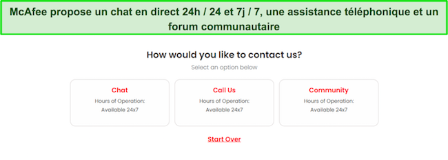 Capture d'écran des options de support client disponibles sur le site Web de McAfee