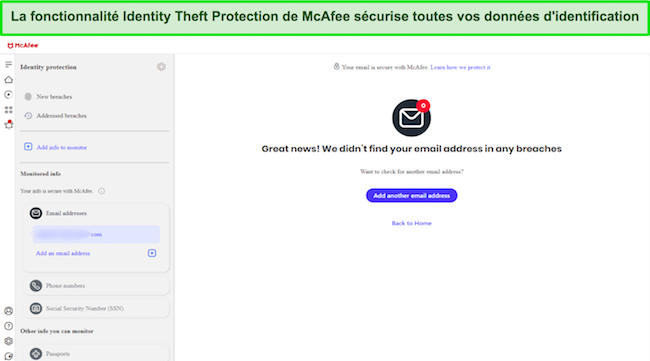 Capture d'écran montrant l'interface de protection contre le vol d'identité de McAfee