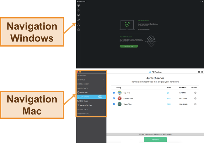 Capture d'écran du menu de navigation de PC Protect sous Windows et Mac.