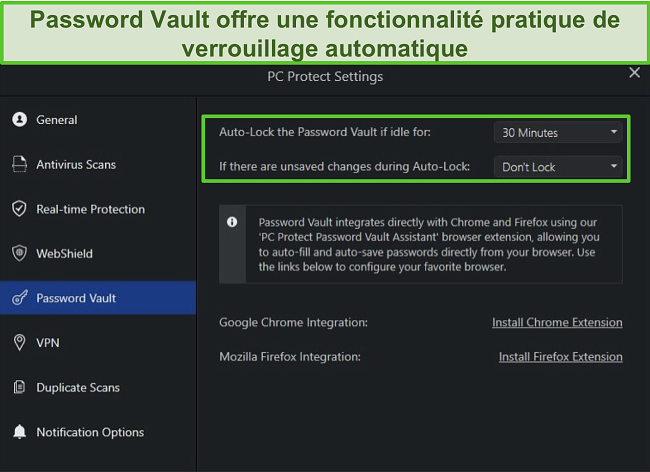 Capture d'écran des paramètres Password Vault de PC Protect avec sa fonction de verrouillage automatique.