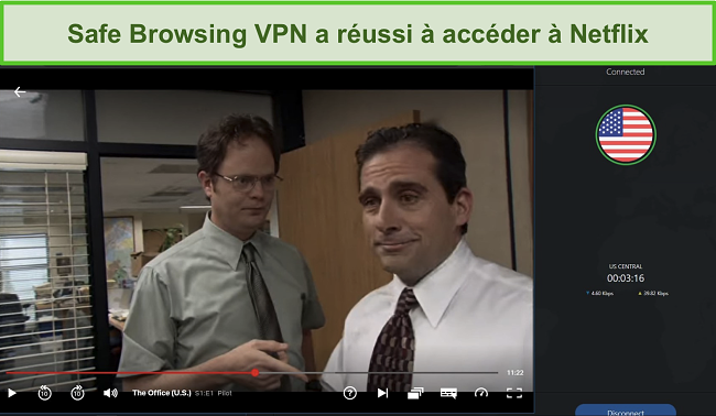Capture d'écran du VPN de navigation sécurisée de PC Protect contournant les restrictions géographiques pour accéder à Netflix américain.