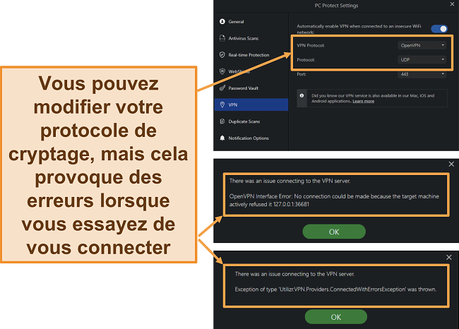 Capture d'écran des erreurs VPN et des protocoles de cryptage de la navigation sécurisée de PC Protect.