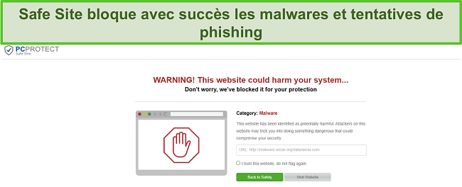 Capture d'écran du site PC Protect Safe bloquant avec succès une tentative de malware.
