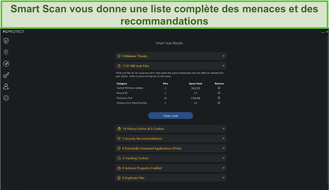 Capture d'écran de PC Protect après l'exécution de Smart Scan qui vous donne une liste de toutes les menaces ou recommandations trouvées.