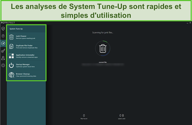 Capture d'écran de la liste de mise au point du système de PC Protect qui permet de libérer de l'espace sur le disque dur et de garantir le bon fonctionnement de votre appareil.