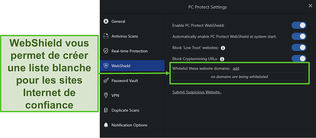 Capture d'écran des paramètres de PC Protect Web Shield pour vous protéger en ligne.