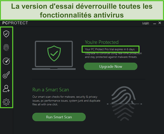 Capture d'écran de la version d'essai de PC Protect et de ses fonctionnalités déverrouillées.