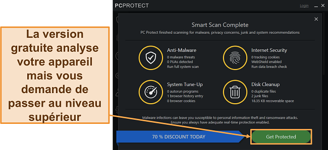 Capture d'écran de la version gratuite de PC Protect exécutant une analyse avant de vous demander de mettre à niveau.