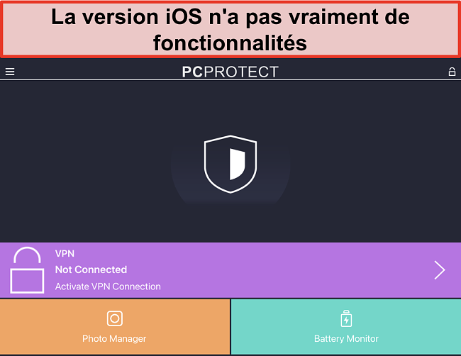 Capture d'écran de l'application iOS de PC Protect qui ne dispose d'aucune fonctionnalité réelle.