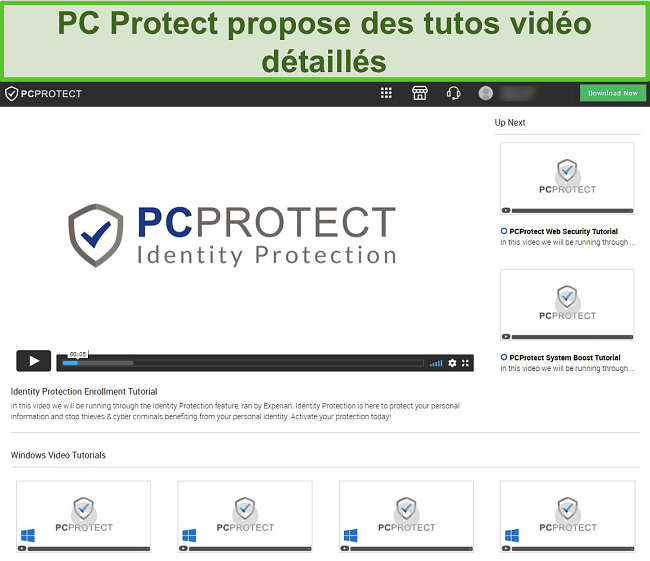 Capture d'écran des didacticiels vidéo de PC Protect accessibles via son site Web.