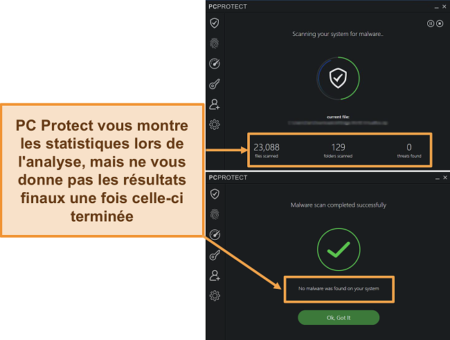 Capture d'écran de PC Protect effectuant une analyse de logiciels malveillants qui affiche les statistiques uniquement lors de l'analyse. Une fois terminé, les résultats disparaissent.