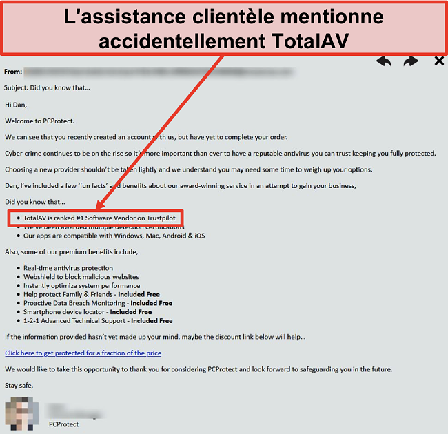 Capture d'écran de l'équipe d'assistance de PC Protect recommandant accidentellement Total AV comme choix numéro 1.