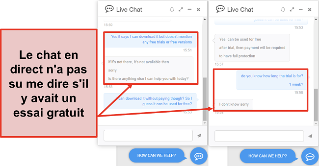 Capture d'écran de l'équipe d'assistance de PC Protect ne me disant pas s'il y avait un essai gratuit proposé, et s'il y en avait, combien de temps cela a duré.