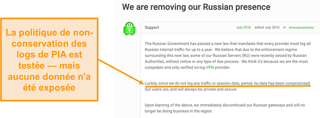 Capture d’écran du site Web de Private Internet Access VPN avec un billet de blog décrivant la raison du retrait de PIA de Russie