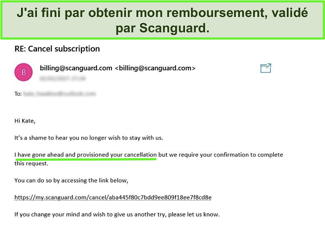 Capture d'écran d'un utilisateur demandant un remboursement avec la garantie de remboursement de l'équipe d'assistance à la clientèle de Scanguard