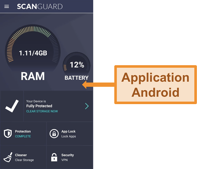 Capture d'écran de l'interface de l'application Android de Scanguard.