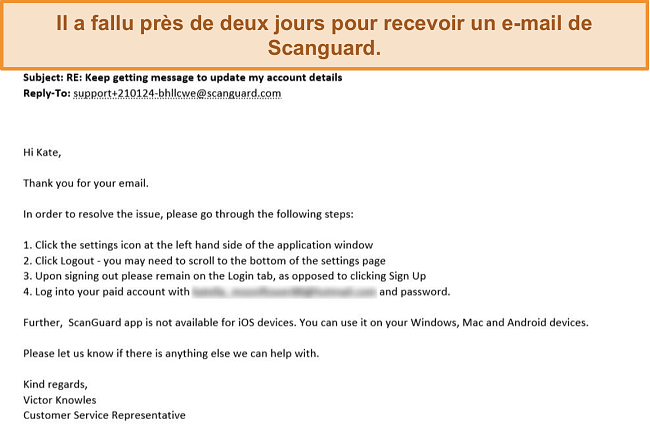 Capture d'écran de la réponse par e-mail du support client de Scanguard.