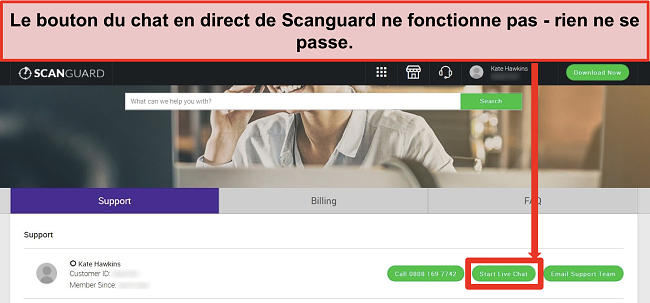 Capture d'écran du site Web d'assistance de Scanguard avec le bouton Live Chat en surbrillance.