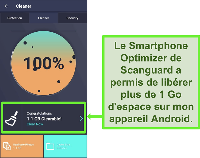 Capture d'écran de la fonction Cleaner de Scanguard sur Android effaçant plus de 1 Go de photos en double.