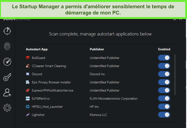 Capture d'écran du gestionnaire de démarrage de Scanguard avec les applications de démarrage automatique répertoriées.