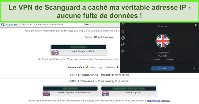 Capture d'écran du VPN de Scanguard et d'un test de fuite IP ne montrant aucune fuite de données.