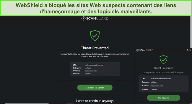 Capture d'écran de la fonction WebShield de Scanguard bloquant l'accès à un site Web de test de logiciels malveillants.