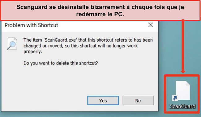 Capture d'écran du raccourci cassé de Scanguard sur un PC Windows.