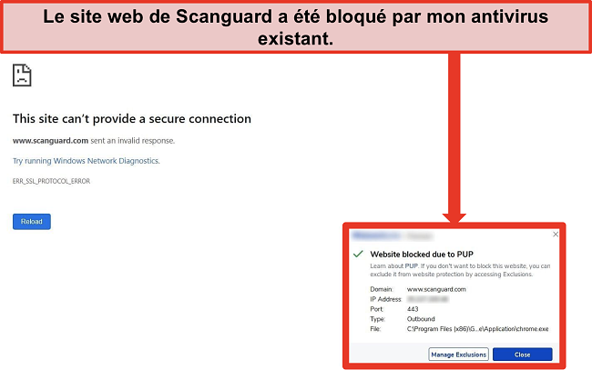 Capture d'écran de l'antivirus bloquant le site Web de Scanguard en raison d'un PUP.