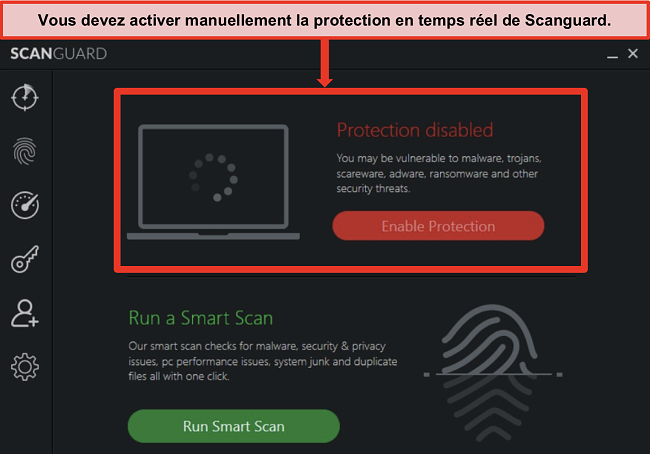 Capture d'écran de l'application antivirus de Scanguard avec la protection en temps réel désactivée.