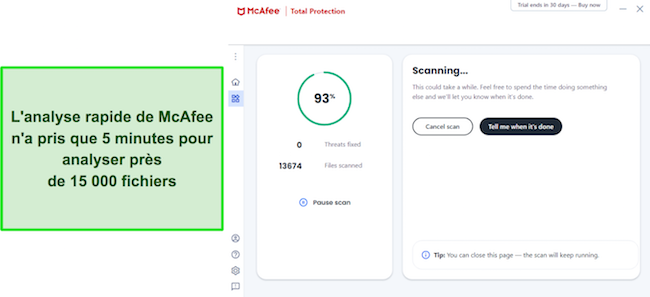 Capture d'écran montrant McAfee exécutant son analyse rapide