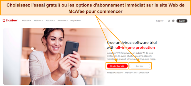 Capture d'écran du site Web de McAfee montrant les options d'essai gratuit ou d'achat immédiat