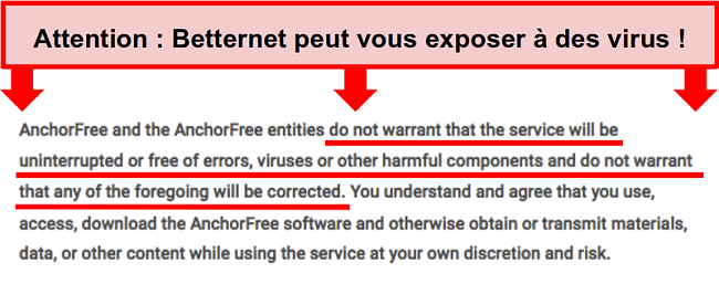Capture d'écran des termes de Betternet qui ne garantissent pas une protection contre les logiciels malveillants