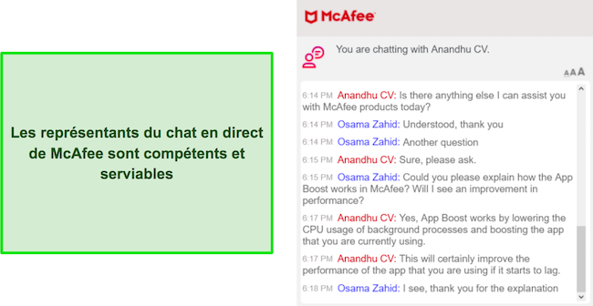 Capture d'écran d'une conversation avec l'assistance par chat en direct de McAfee