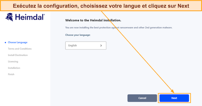 Capture d'écran montrant le début de la configuration de Heimdal