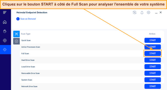 Capture d'écran montrant comment démarrer l'analyse complète de Heimdal