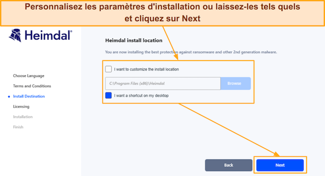 Capture d'écran montrant les paramètres d'installation dans la configuration de Heimdal