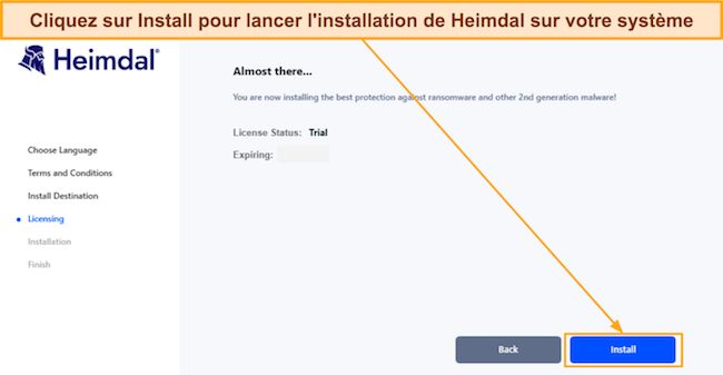 Capture d'écran montrant que Heimdal est prêt à être installé après l'activation de l'essai